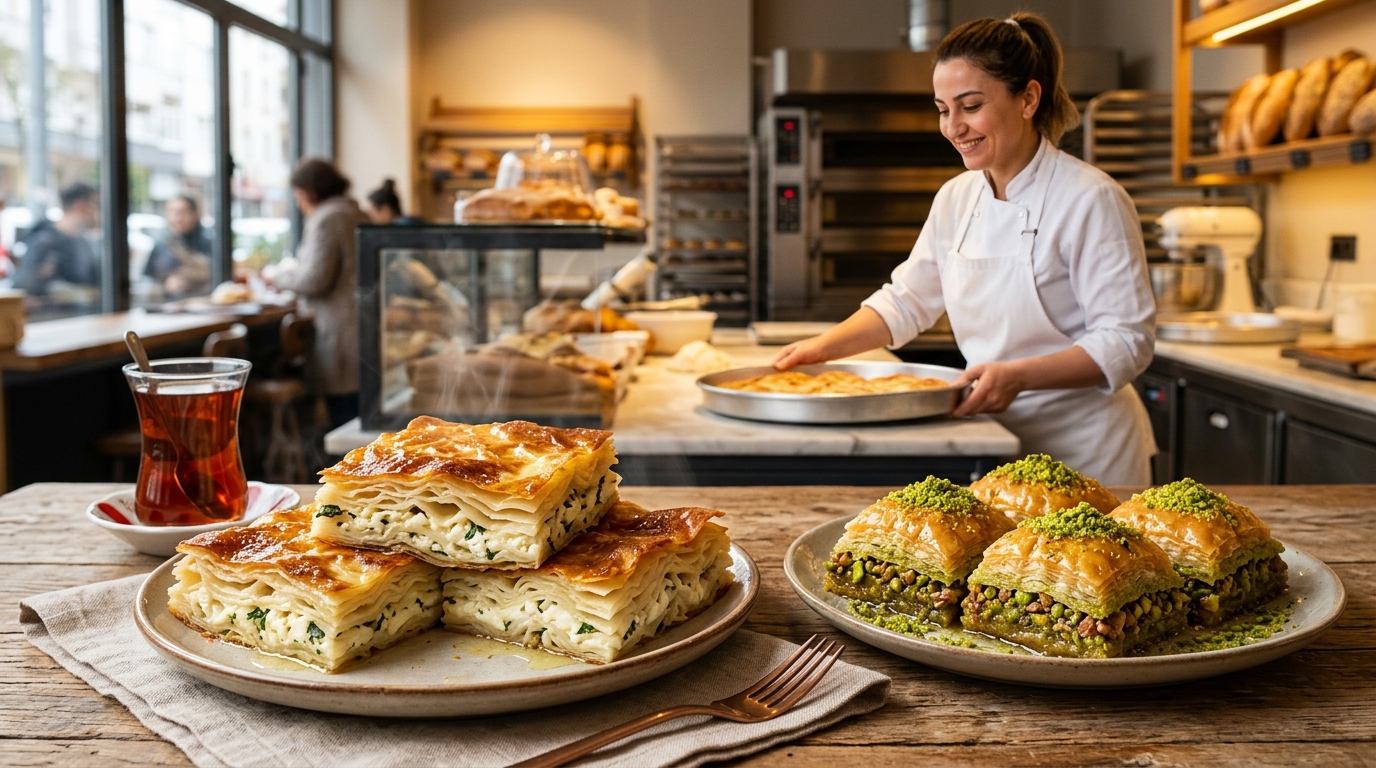 Konya su böreği ve baklava siparişi, taze pişmiş tepsi su böreği ve çıtır fıstıklı baklava